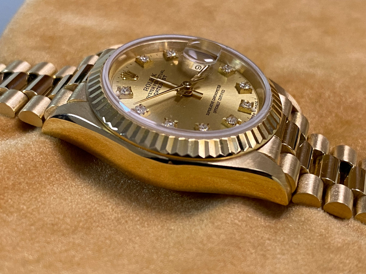 Rolex Yellow Gold Lady-Datejust - L serial - Fluted Bezel - Factory Diamond Dial - President Bracelet - 69178 *FULL SET*