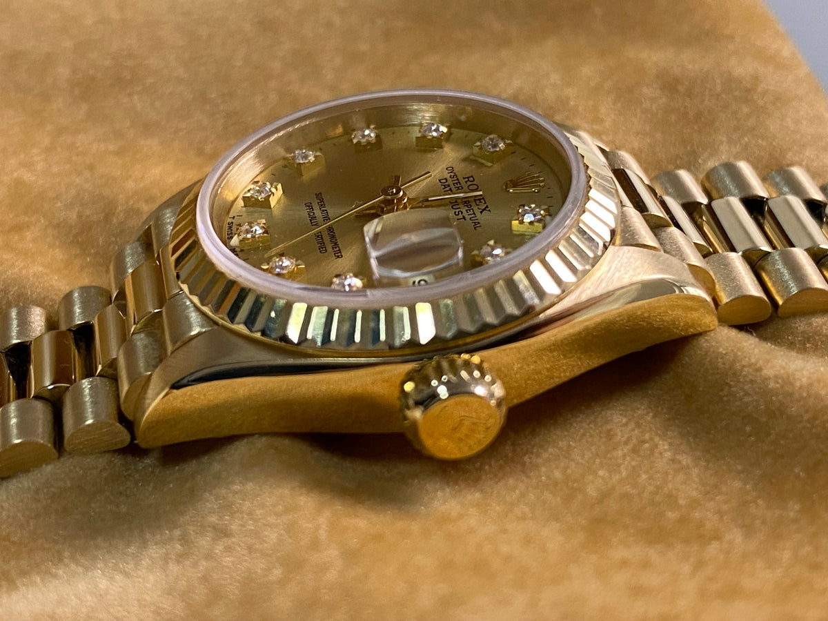 Rolex Yellow Gold Lady-Datejust - L serial - Fluted Bezel - Factory Diamond Dial - President Bracelet - 69178 *FULL SET*