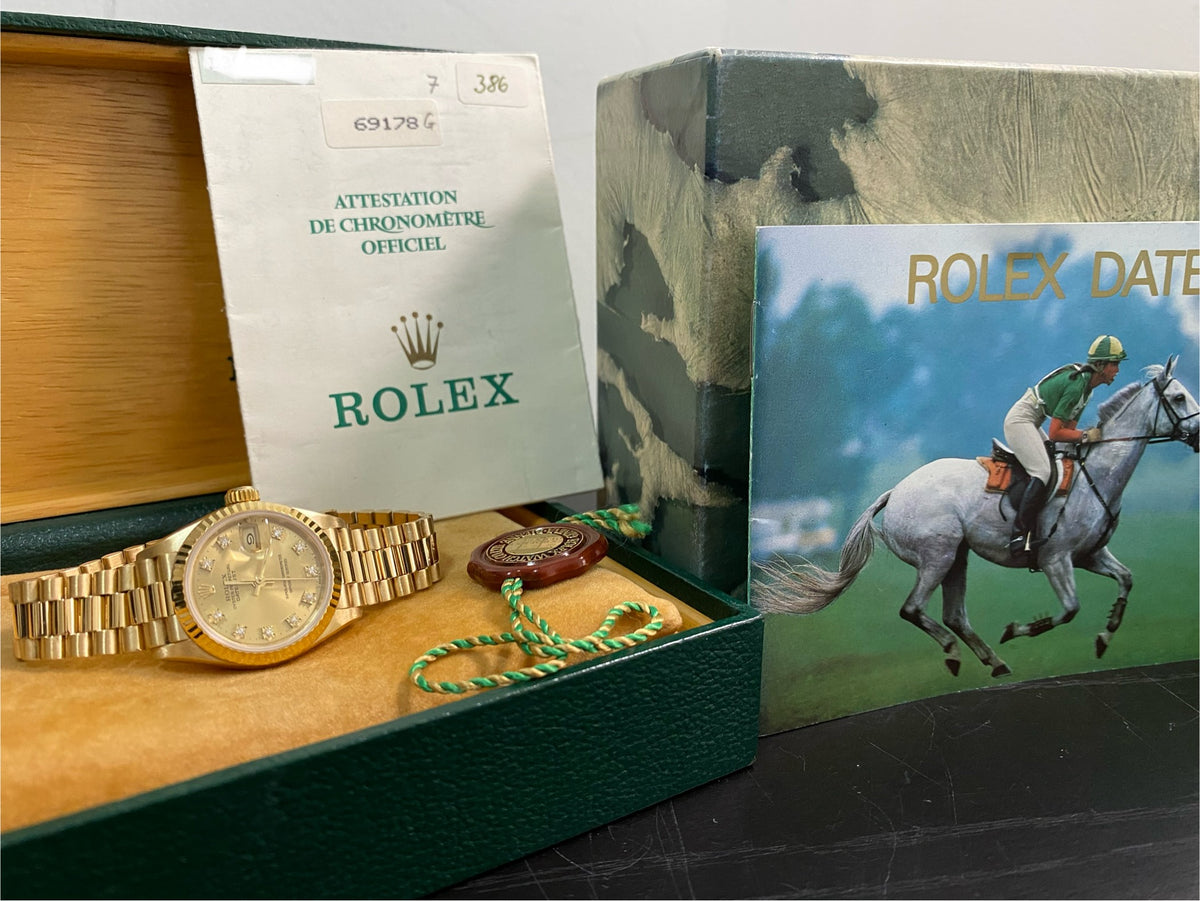 Rolex Yellow Gold Lady-Datejust - L serial - Fluted Bezel - Factory Diamond Dial - President Bracelet - 69178 *FULL SET*