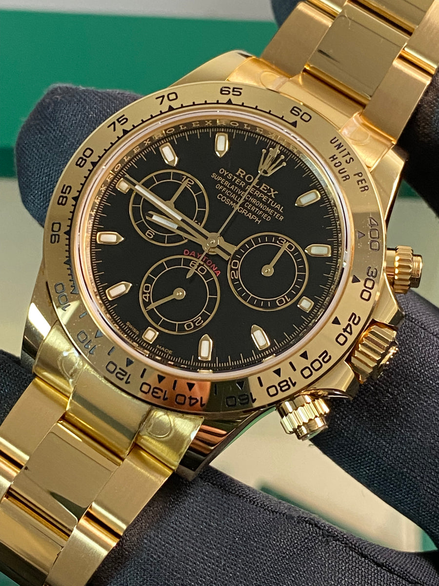 Rolex Yellow Gold Cosmograph Daytona - 2023 - Black Index Dial - 116508 *MOST STICKERS*