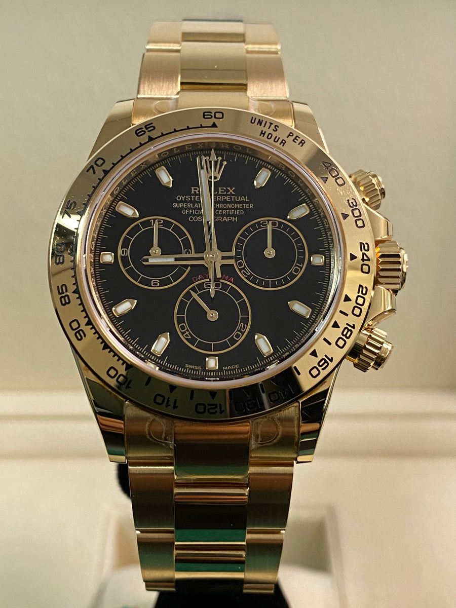 Rolex Yellow Gold Cosmograph Daytona - 2023 - Black Index Dial - 116508 *MOST STICKERS*