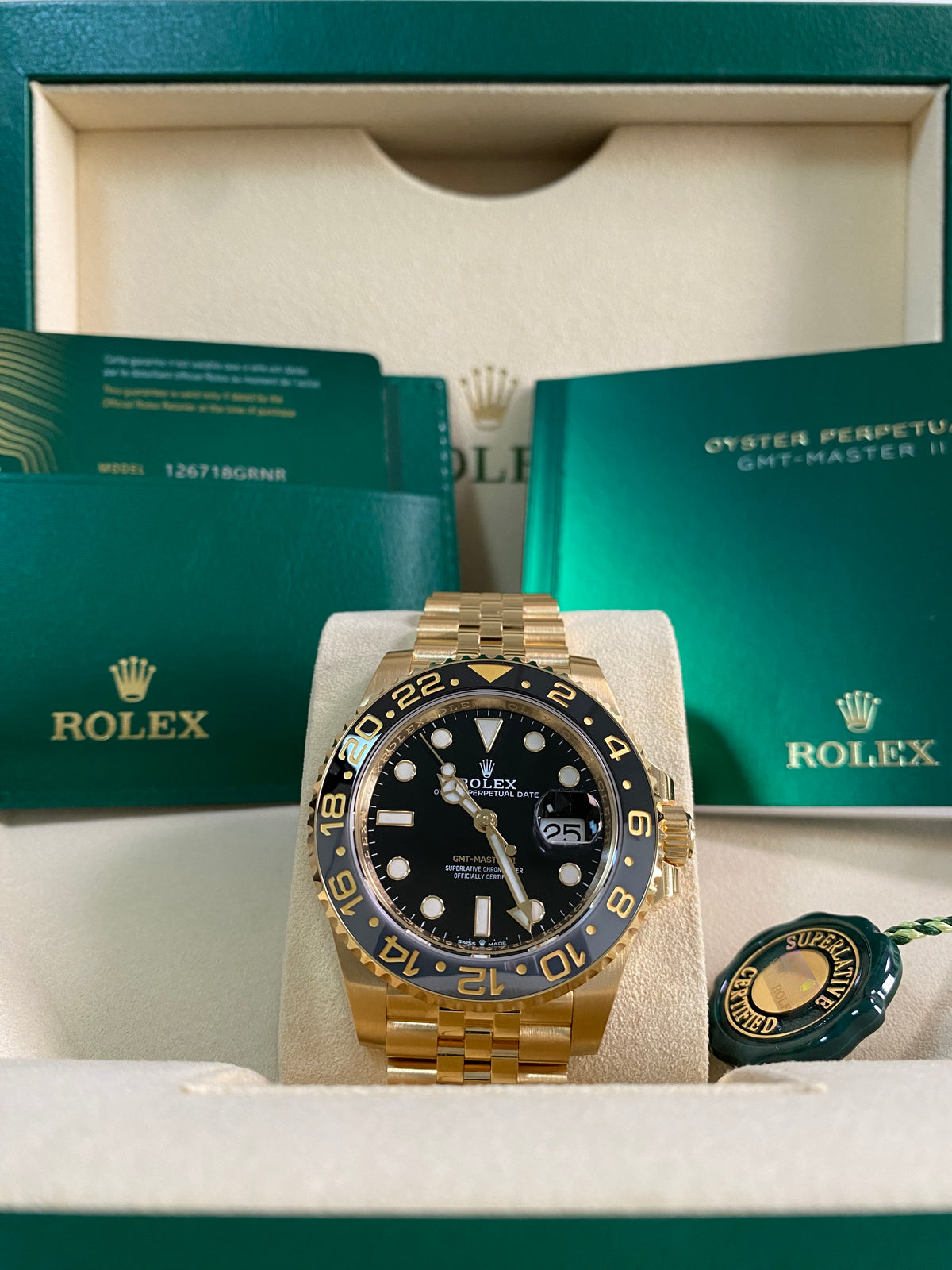 Rolex Yellow Gold GMT-Master II - 2024 - Grey and Black Bezel - Black Dial - Jubilee Bracelet - 126718GRNR *FULL SET*