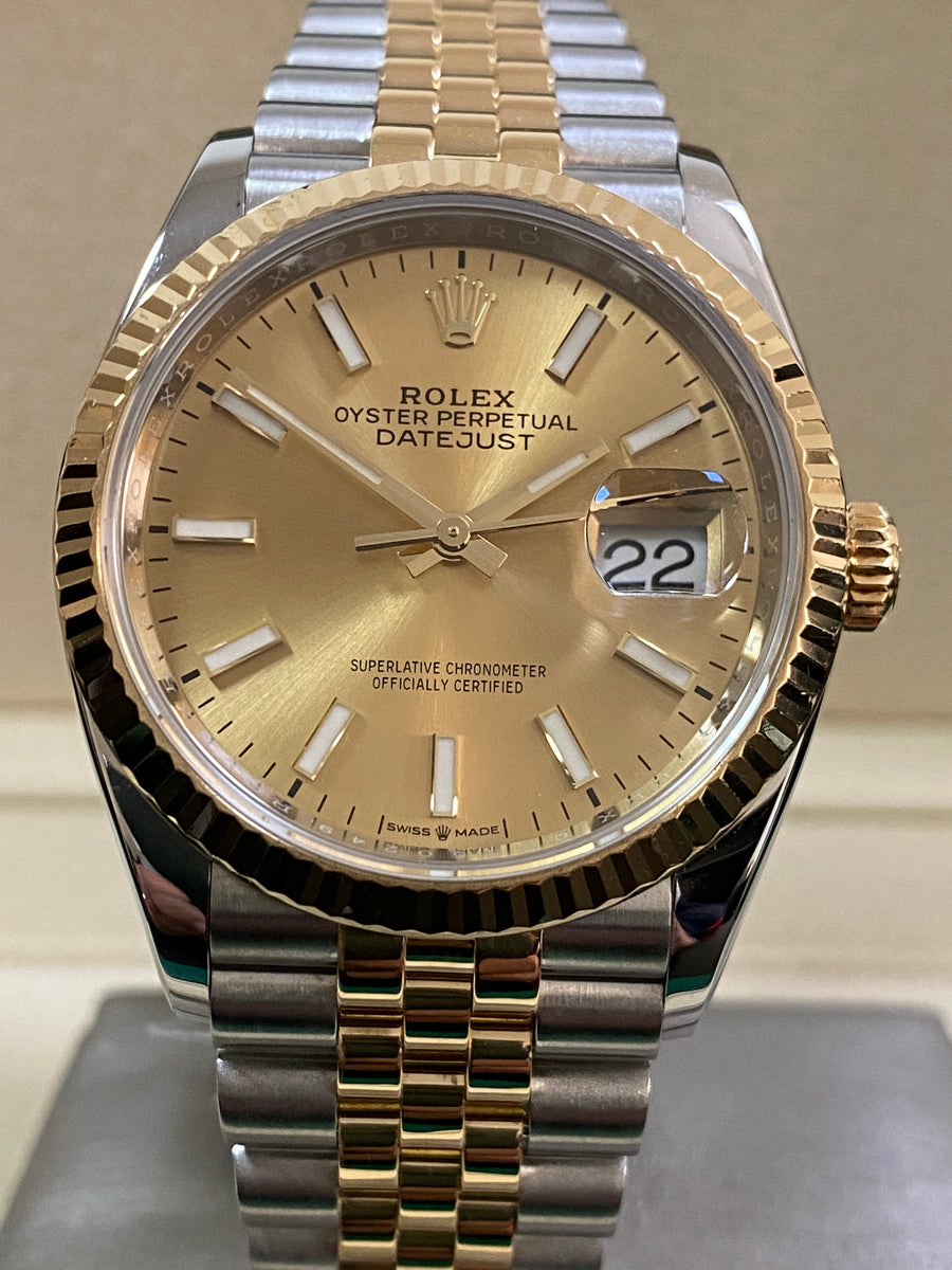 Rolex Steel and Yellow Gold Datejust 36 - 2018 - Fluted Bezel - Champagne Index Dial - Jubilee Bracelet - 126233