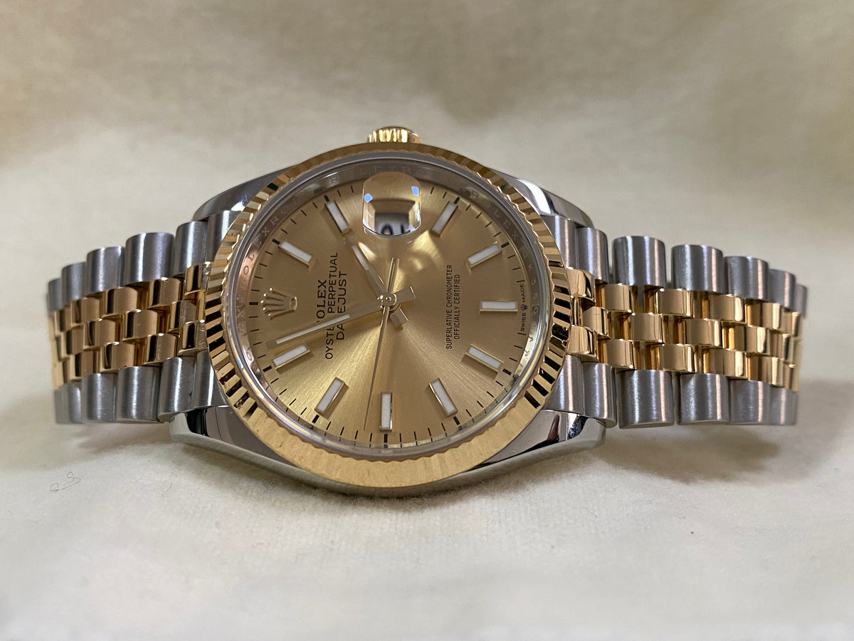 Rolex Steel and Yellow Gold Datejust 36 - 2018 - Fluted Bezel - Champagne Index Dial - Jubilee Bracelet - 126233