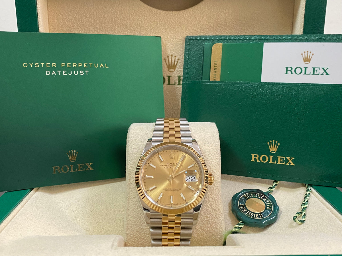 Rolex Steel and Yellow Gold Datejust 36 - 2018 - Fluted Bezel - Champagne Index Dial - Jubilee Bracelet - 126233