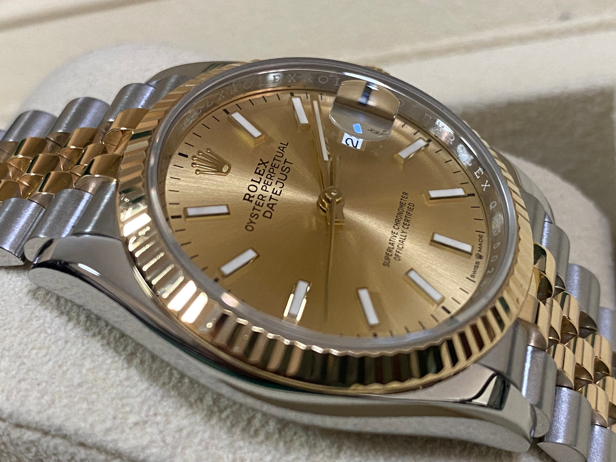 Rolex Steel and Yellow Gold Datejust 36 - 2018 - Fluted Bezel - Champagne Index Dial - Jubilee Bracelet - 126233