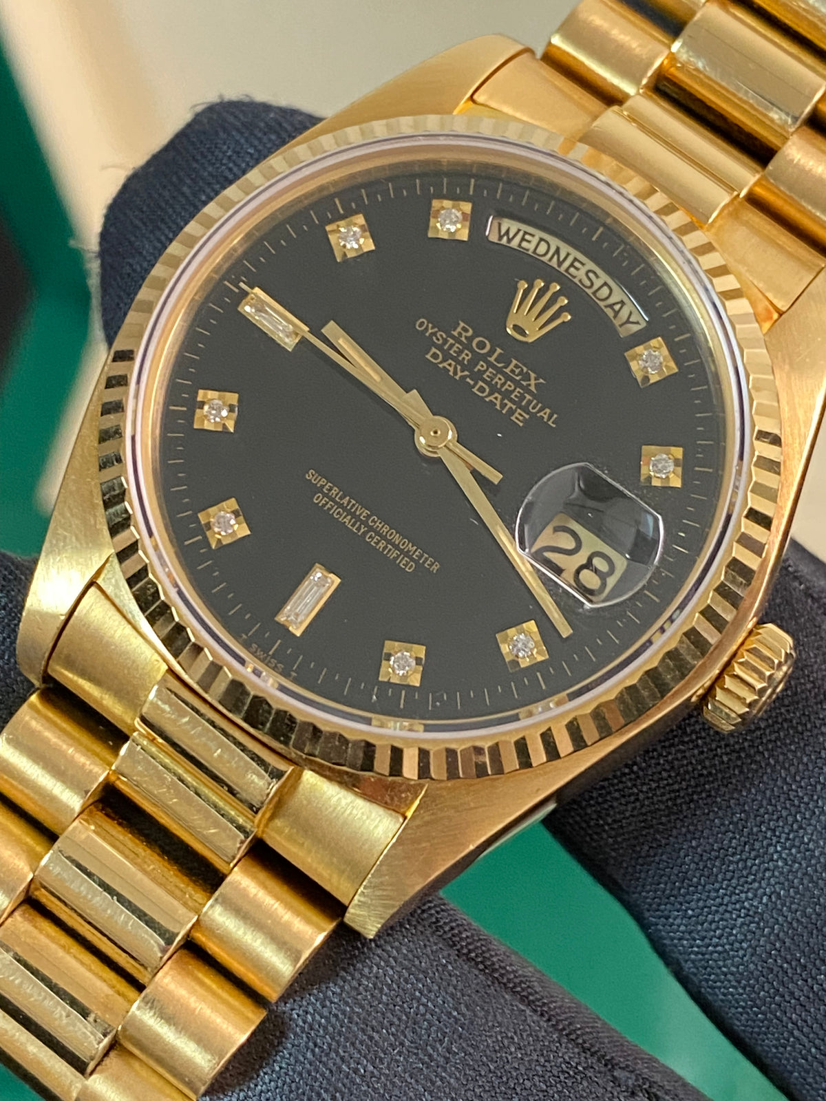 Rolex Yellow Gold Day-Date 36 - 1983 - Fluted Bezel - Black Diamond Dial - President Bracelet - 18038