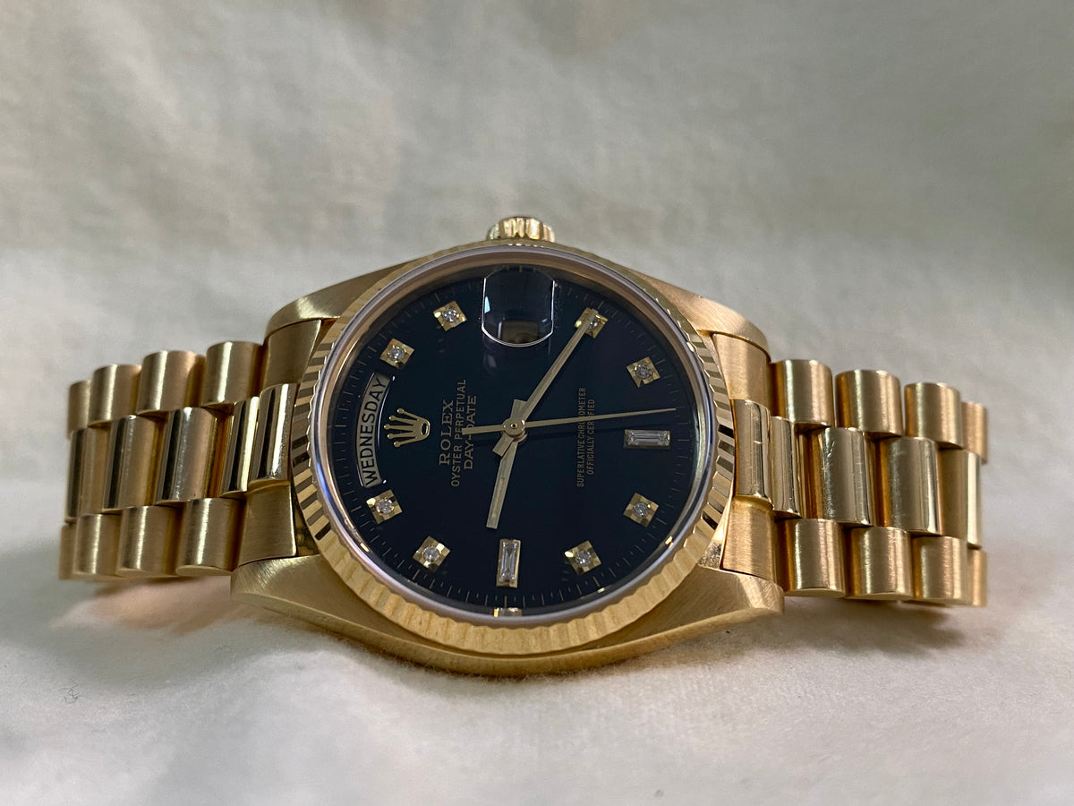 Rolex Yellow Gold Day-Date 36 - 1983 - Fluted Bezel - Black Diamond Dial - President Bracelet - 18038