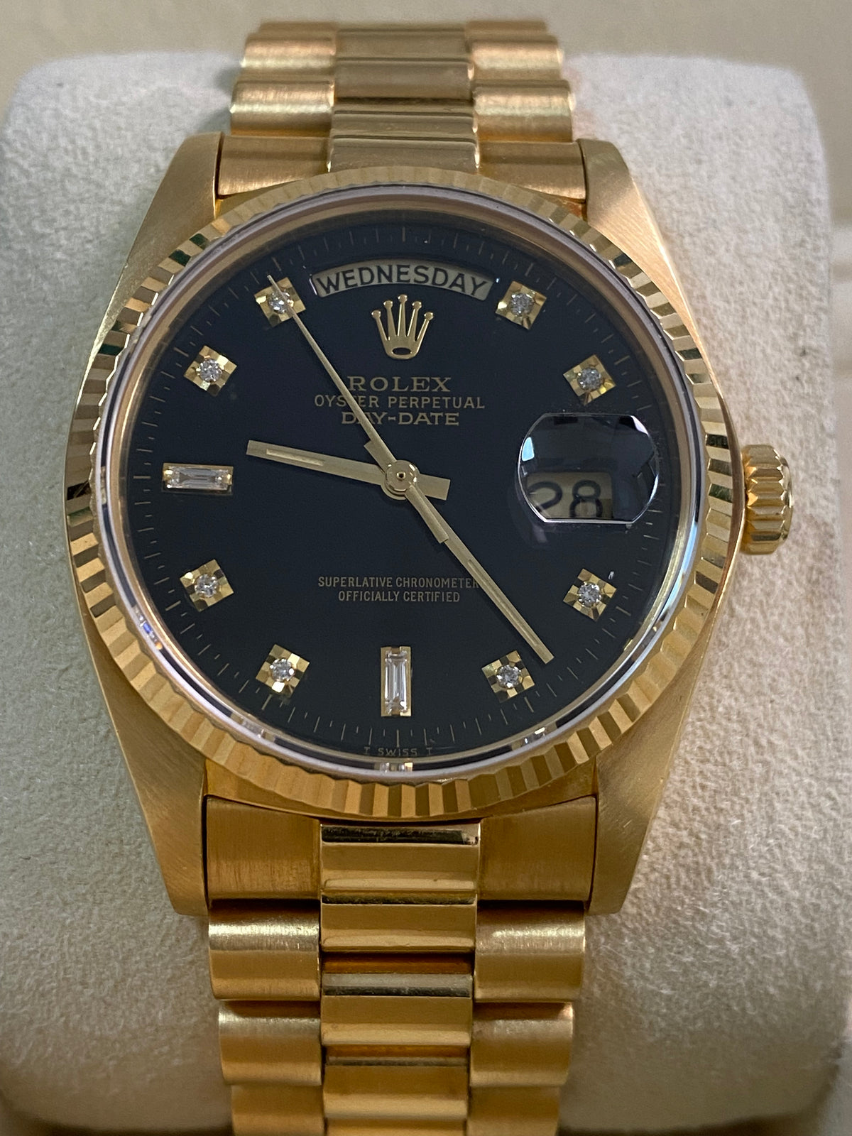 Rolex Yellow Gold Day-Date 36 - 1983 - Fluted Bezel - Black Diamond Dial - President Bracelet - 18038