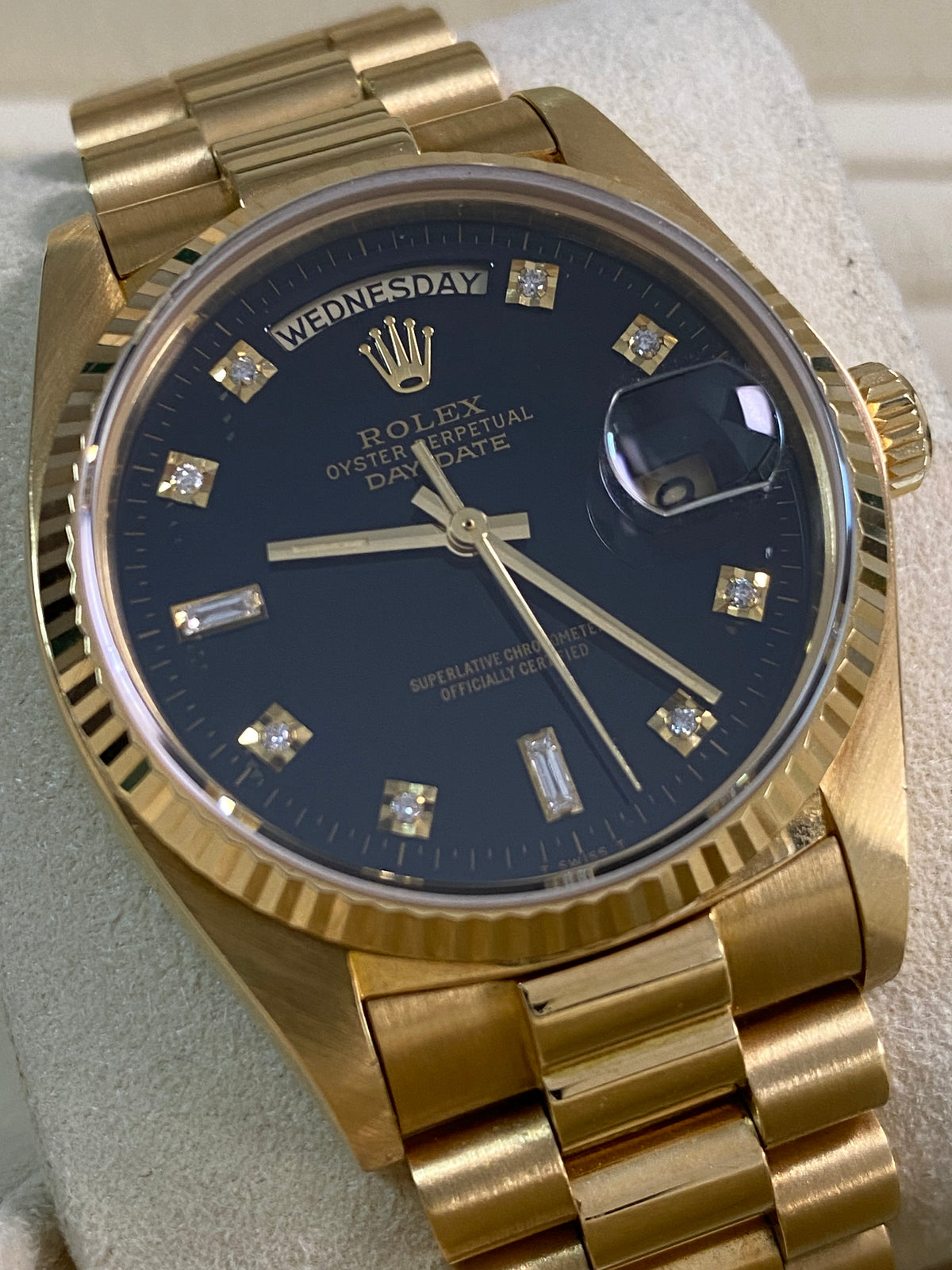 Rolex Yellow Gold Day-Date 36 - 1983 - Fluted Bezel - Black Diamond Dial - President Bracelet - 18038