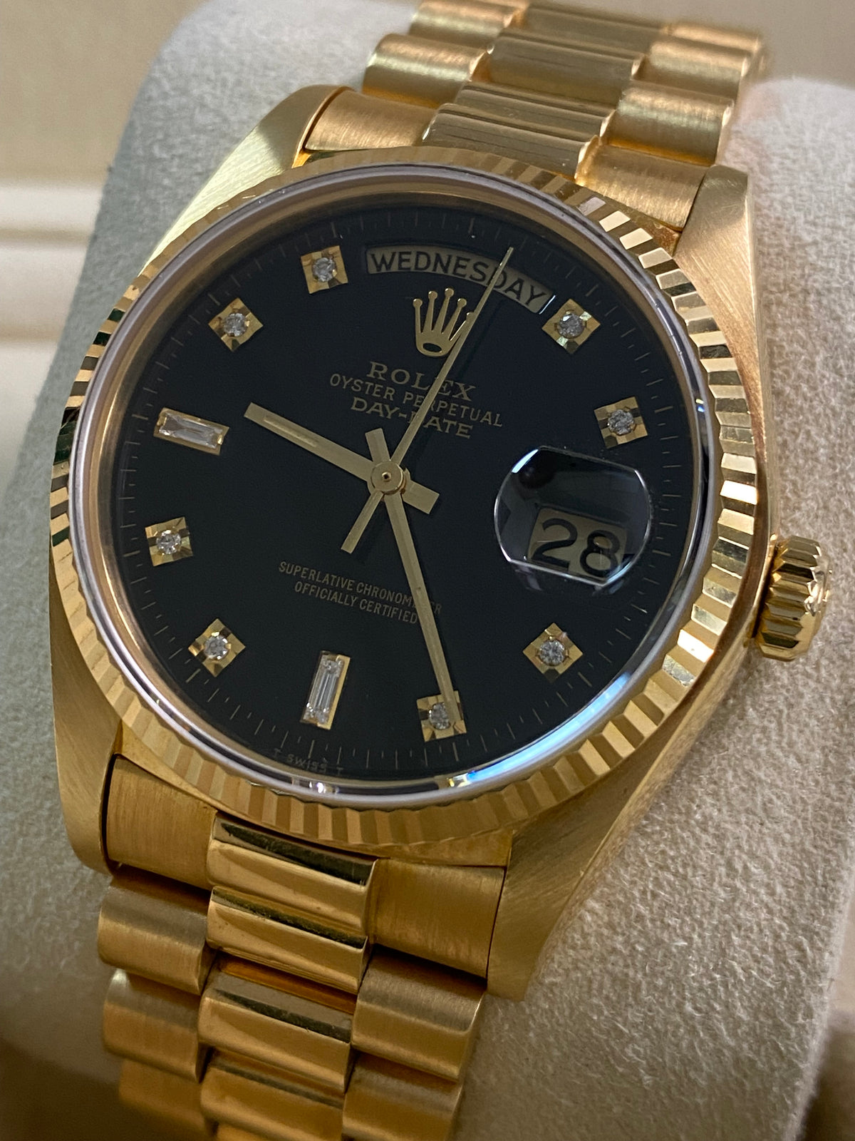 Rolex Yellow Gold Day-Date 36 - 1983 - Fluted Bezel - Black Diamond Dial - President Bracelet - 18038