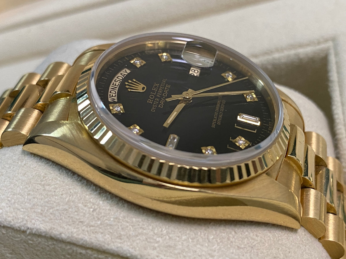 Rolex Yellow Gold Day-Date 36 - 1983 - Fluted Bezel - Black Diamond Dial - President Bracelet - 18038