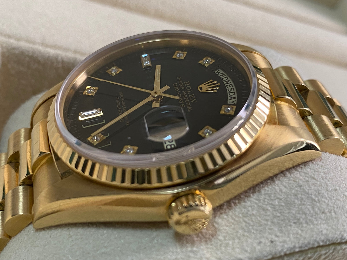 Rolex Yellow Gold Day-Date 36 - 1983 - Fluted Bezel - Black Diamond Dial - President Bracelet - 18038