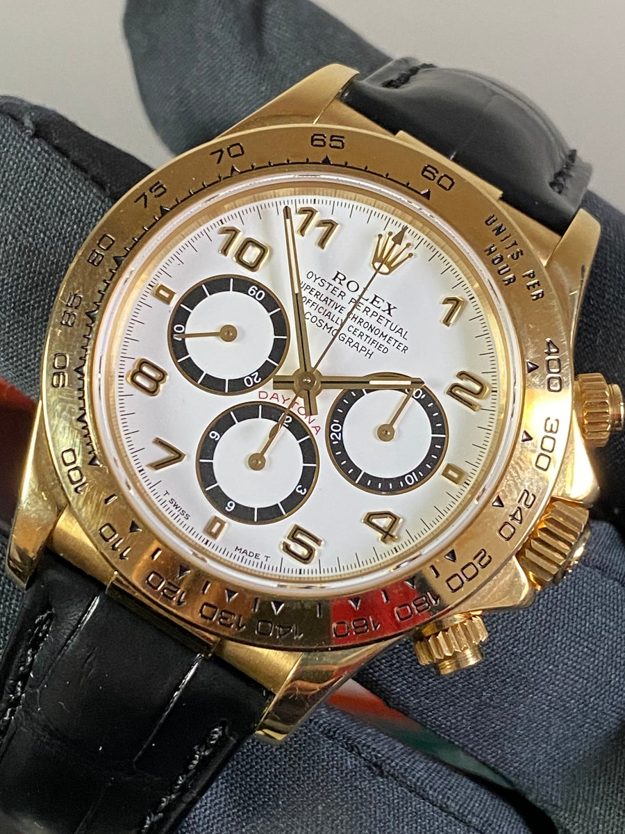 Rolex Yellow Gold Cosmograph Daytona - 1991 - White Arabic Dial - Black Leather Strap 16518