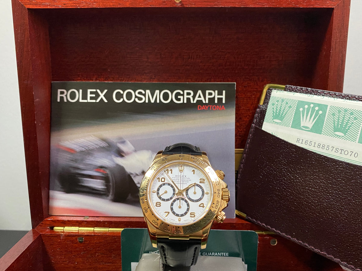 Rolex Yellow Gold Cosmograph Daytona - 1991 - White Arabic Dial - Black Leather Strap 16518