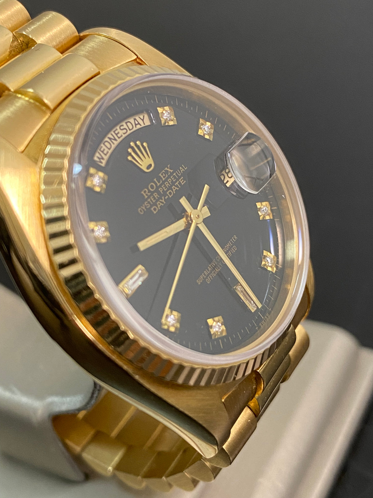 Rolex Yellow Gold Day-Date 36 - 1983 - Fluted Bezel - Black Diamond Dial - President Bracelet - 18038