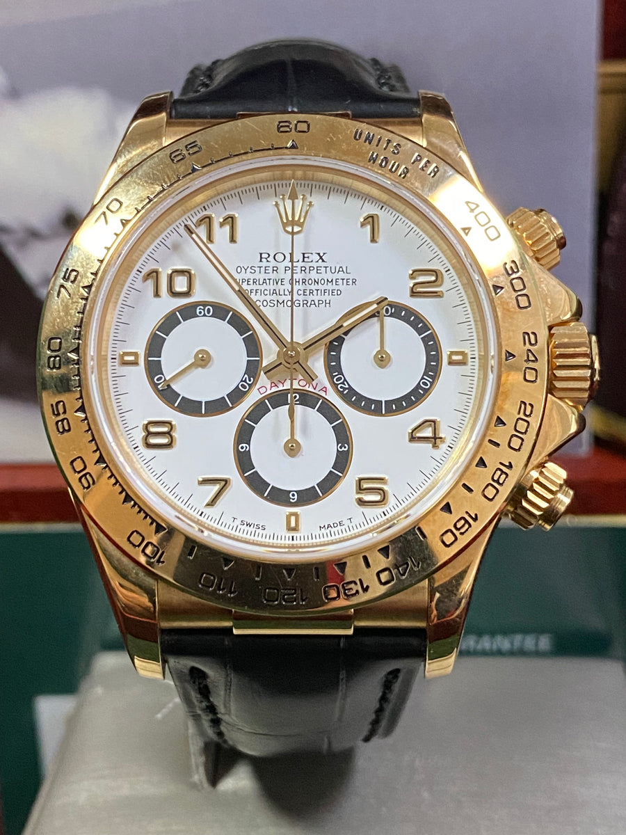 Rolex Yellow Gold Cosmograph Daytona - 1991 - White Arabic Dial - Black Leather Strap 16518