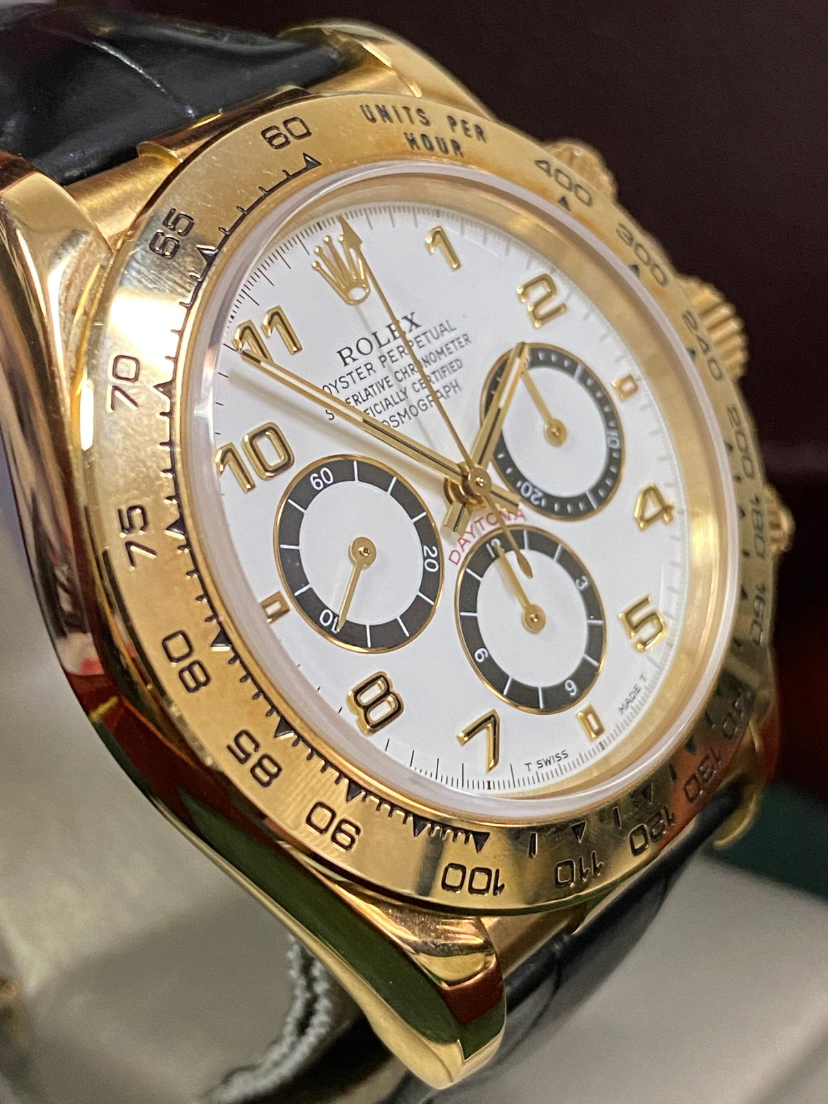 Rolex Yellow Gold Cosmograph Daytona - 1991 - White Arabic Dial - Black Leather Strap 16518