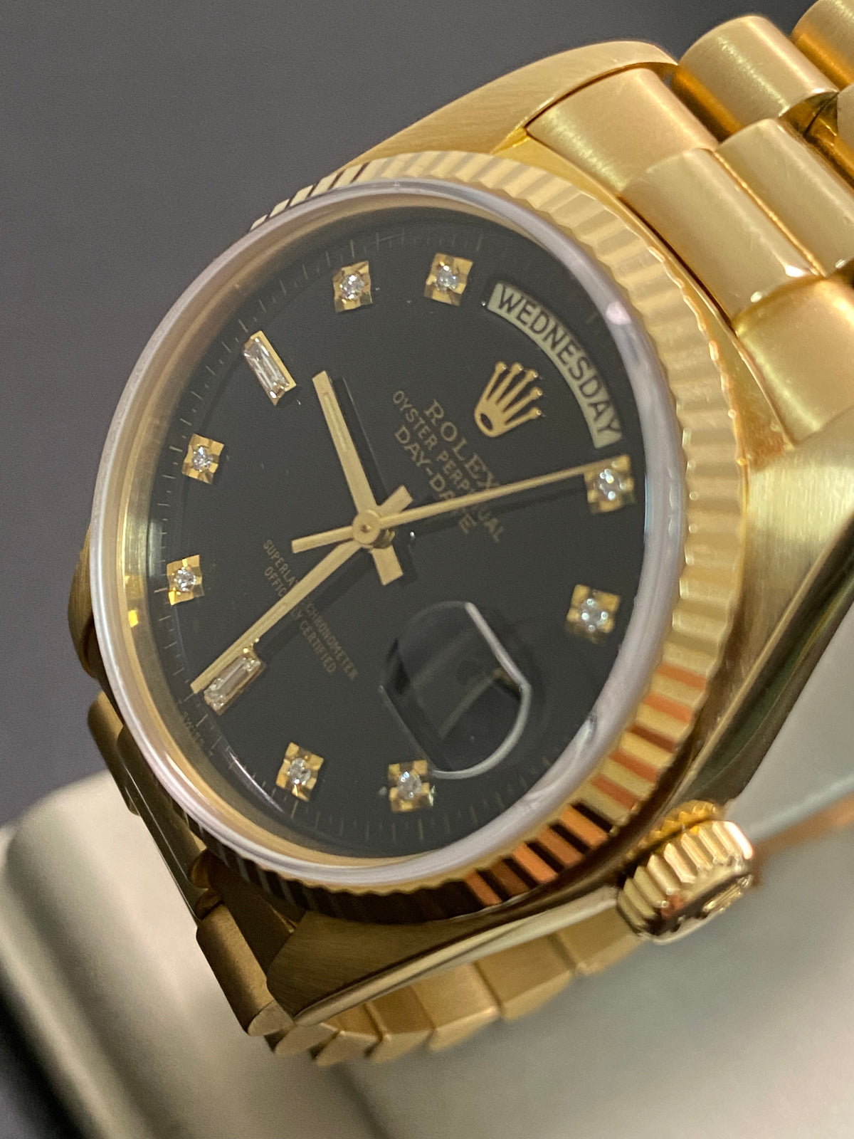 Rolex Yellow Gold Day-Date 36 - 1983 - Fluted Bezel - Black Diamond Dial - President Bracelet - 18038