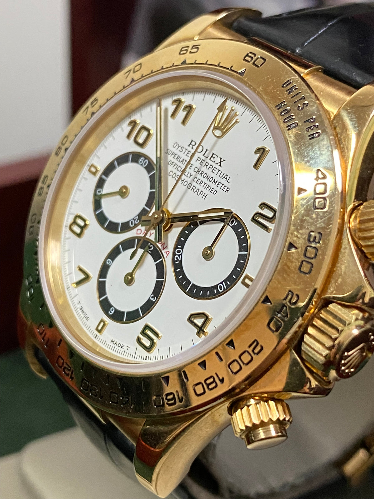 Rolex Yellow Gold Cosmograph Daytona - 1991 - White Arabic Dial - Black Leather Strap 16518