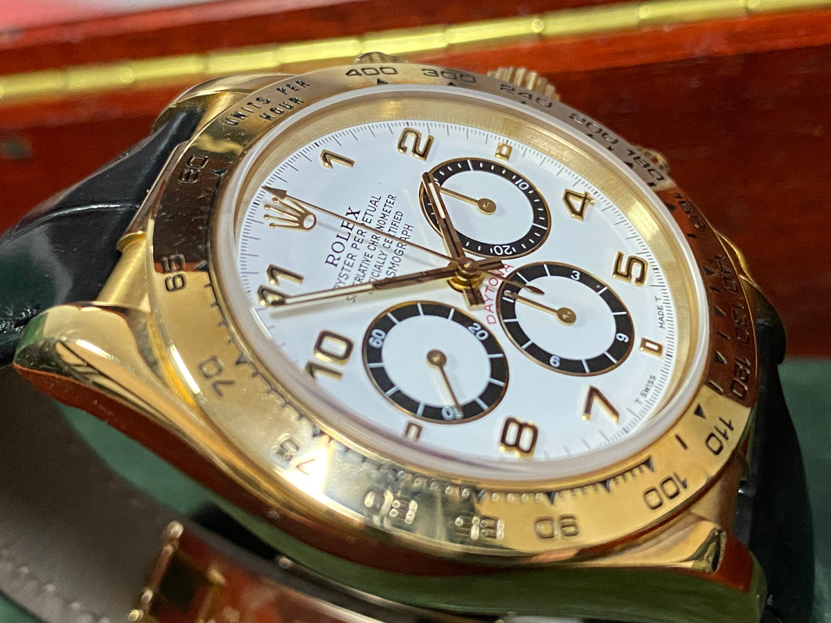 Rolex Yellow Gold Cosmograph Daytona - 1991 - White Arabic Dial - Black Leather Strap 16518