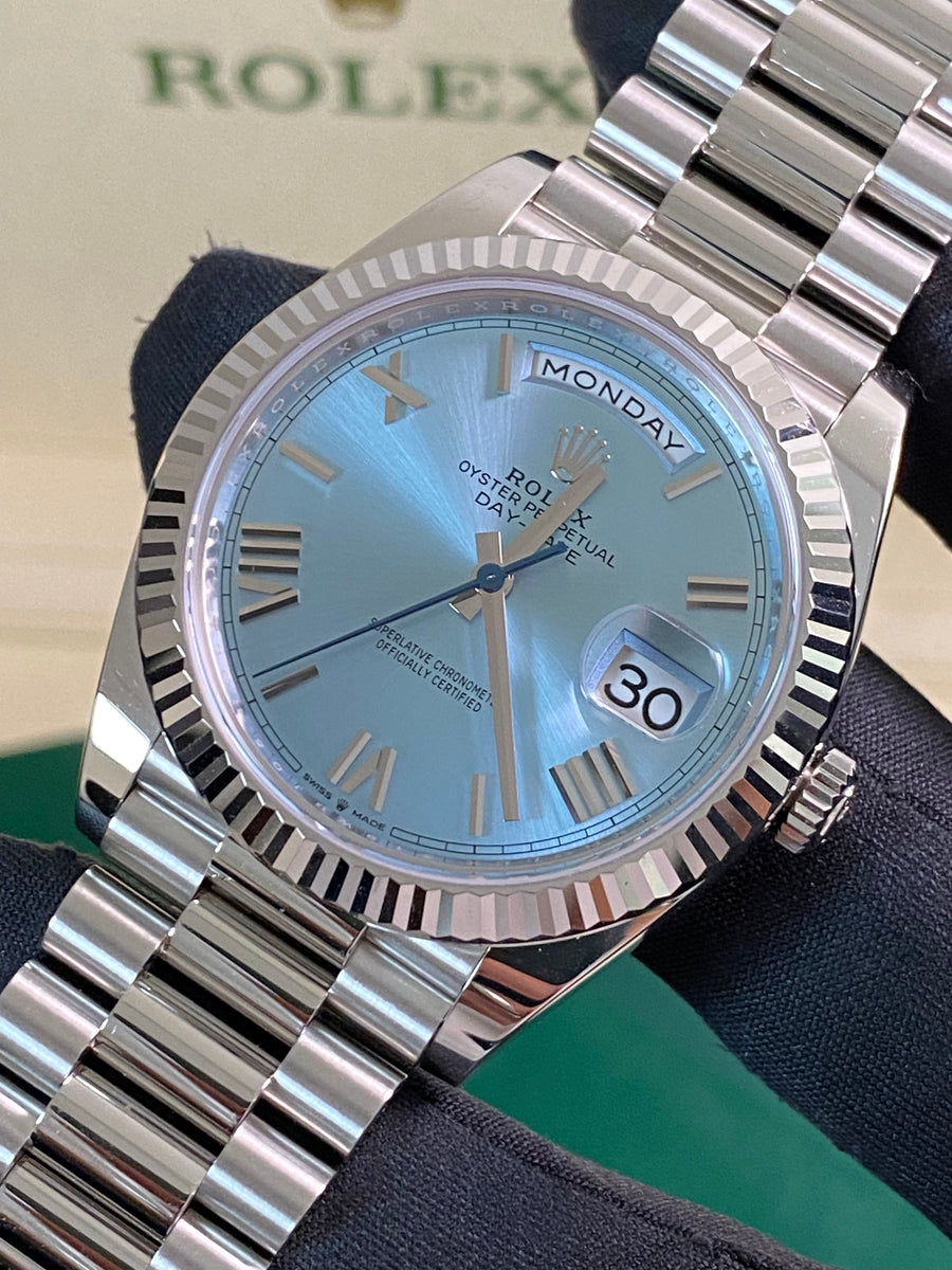 Rolex Platinum Day-Date 40 -  2024 - Fluted Bezel - Ice Blue Roman Dial - President Bracelet - 228236 *FULL SET*