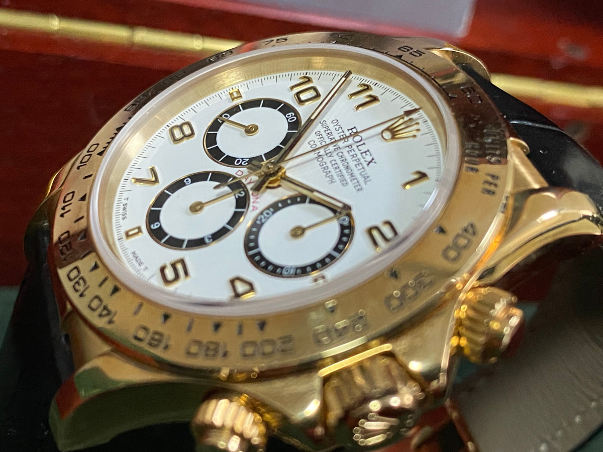 Rolex Yellow Gold Cosmograph Daytona - 1991 - White Arabic Dial - Black Leather Strap 16518