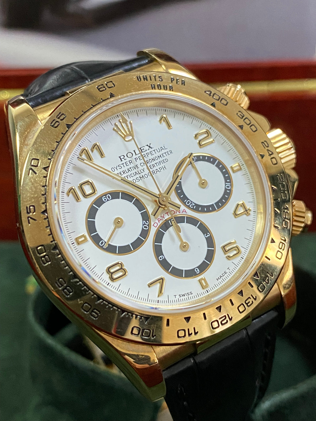 Rolex Yellow Gold Cosmograph Daytona - 1991 - White Arabic Dial - Black Leather Strap 16518