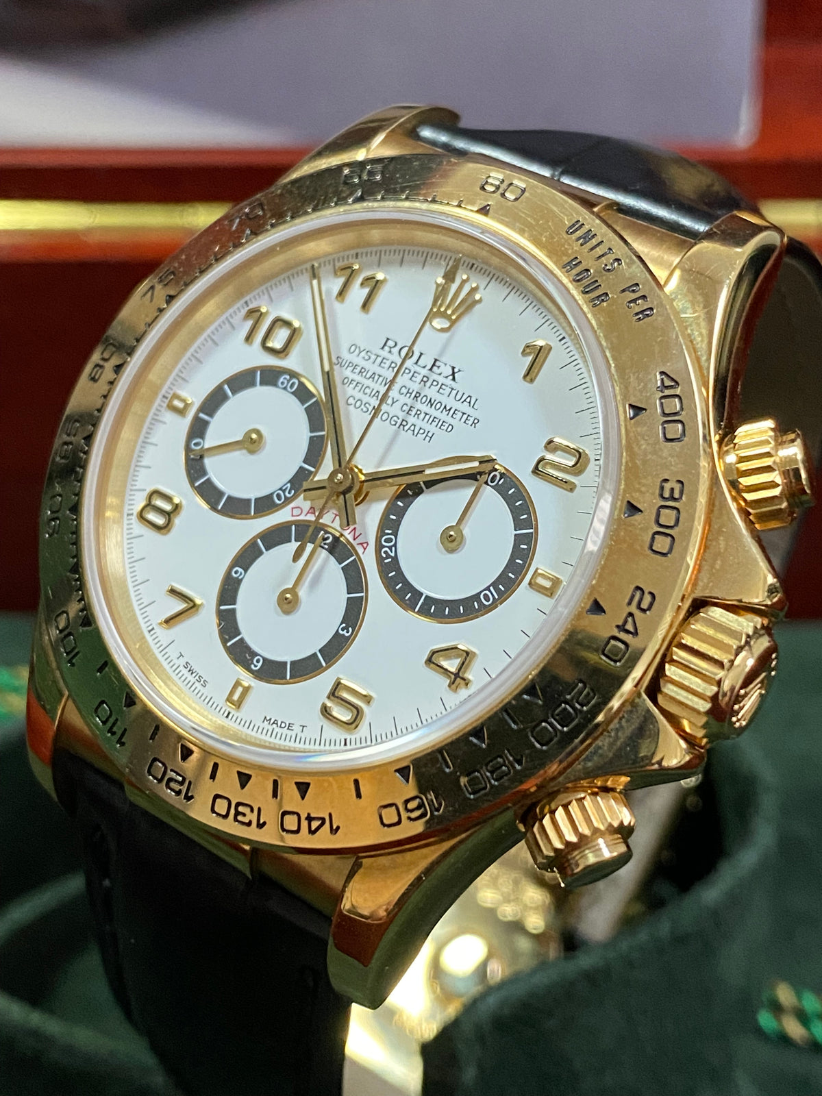 Rolex Yellow Gold Cosmograph Daytona - 1991 - White Arabic Dial - Black Leather Strap 16518