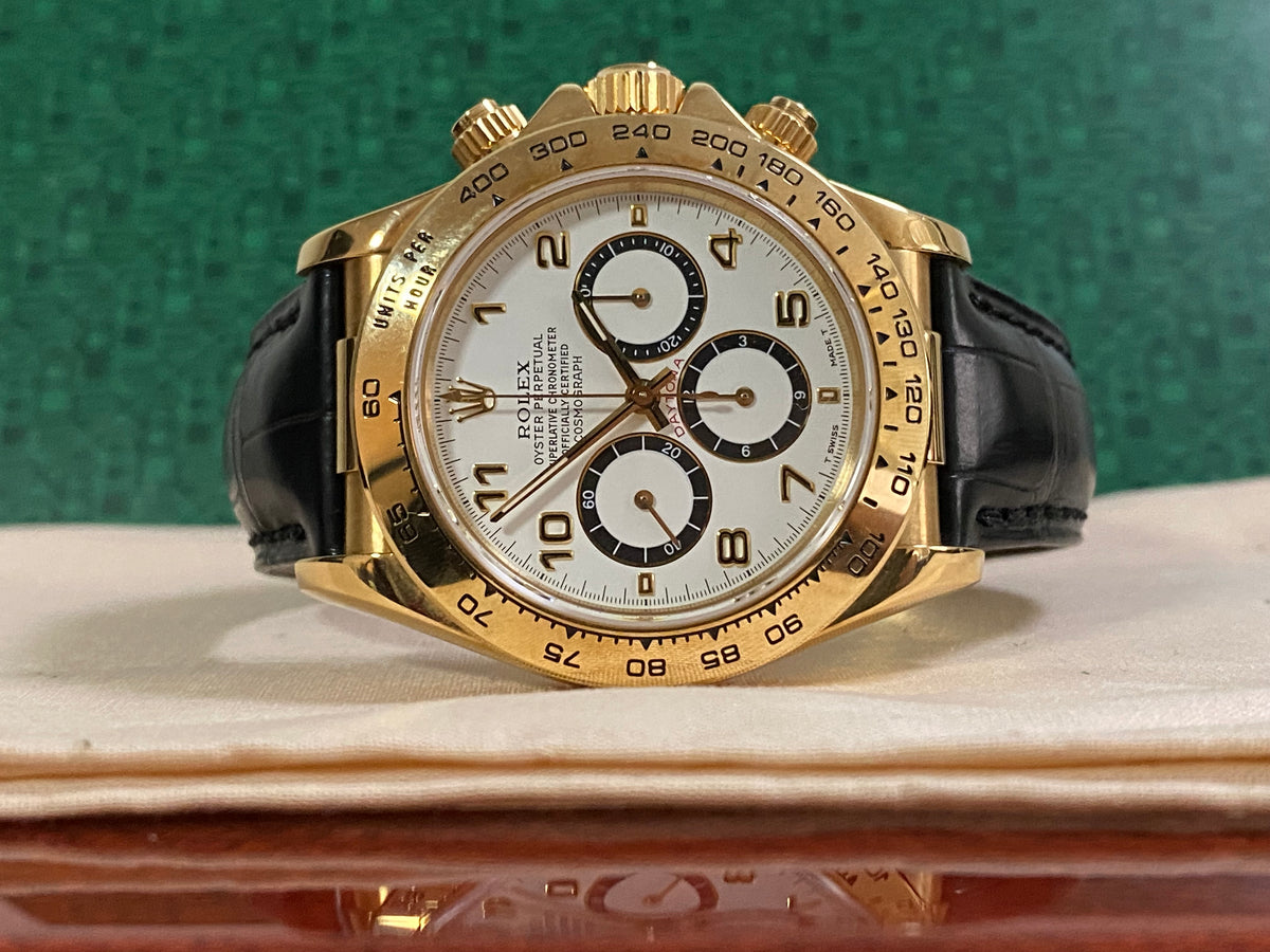 Rolex Yellow Gold Cosmograph Daytona - 1991 - White Arabic Dial - Black Leather Strap 16518