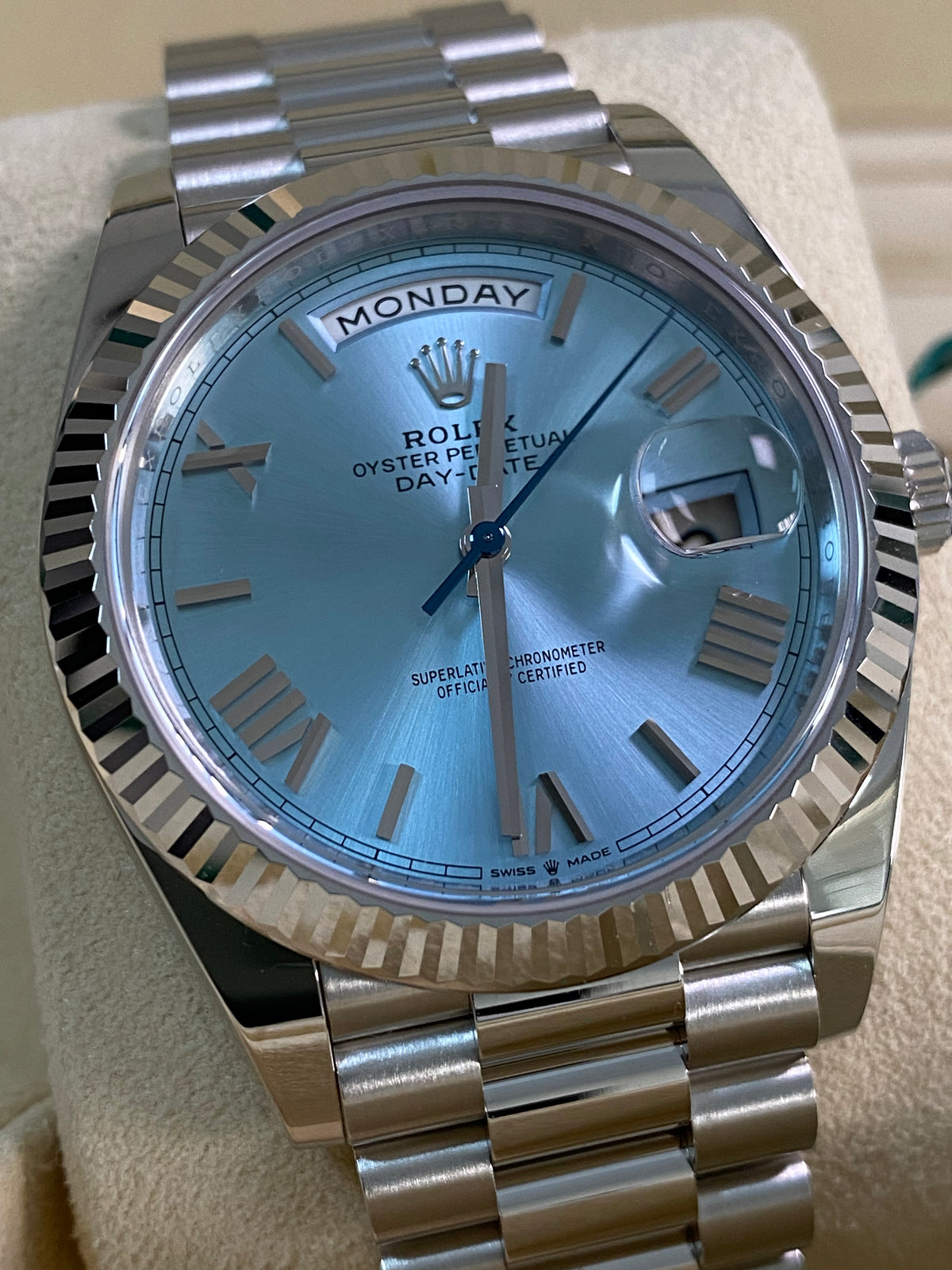 Rolex Platinum Day-Date 40 -  2024 - Fluted Bezel - Ice Blue Roman Dial - President Bracelet - 228236 *FULL SET*