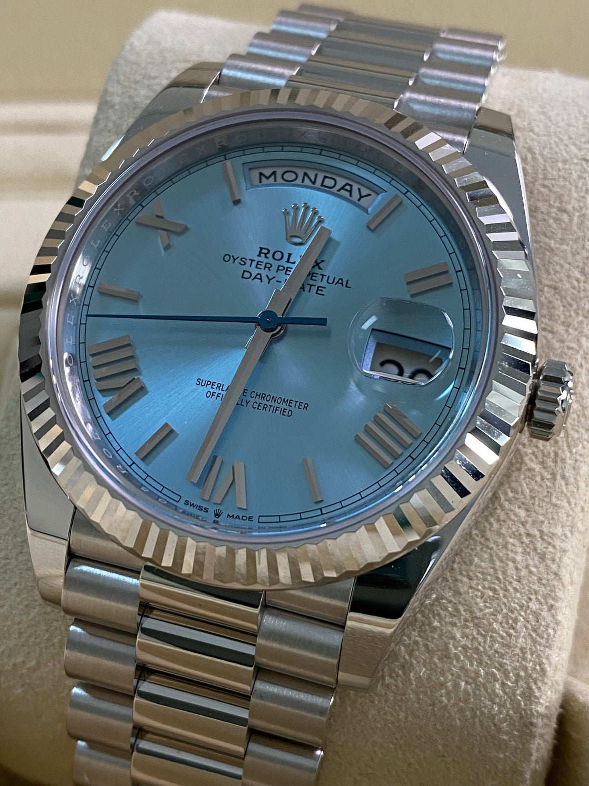 Rolex Platinum Day-Date 40 -  2024 - Fluted Bezel - Ice Blue Roman Dial - President Bracelet - 228236 *FULL SET*