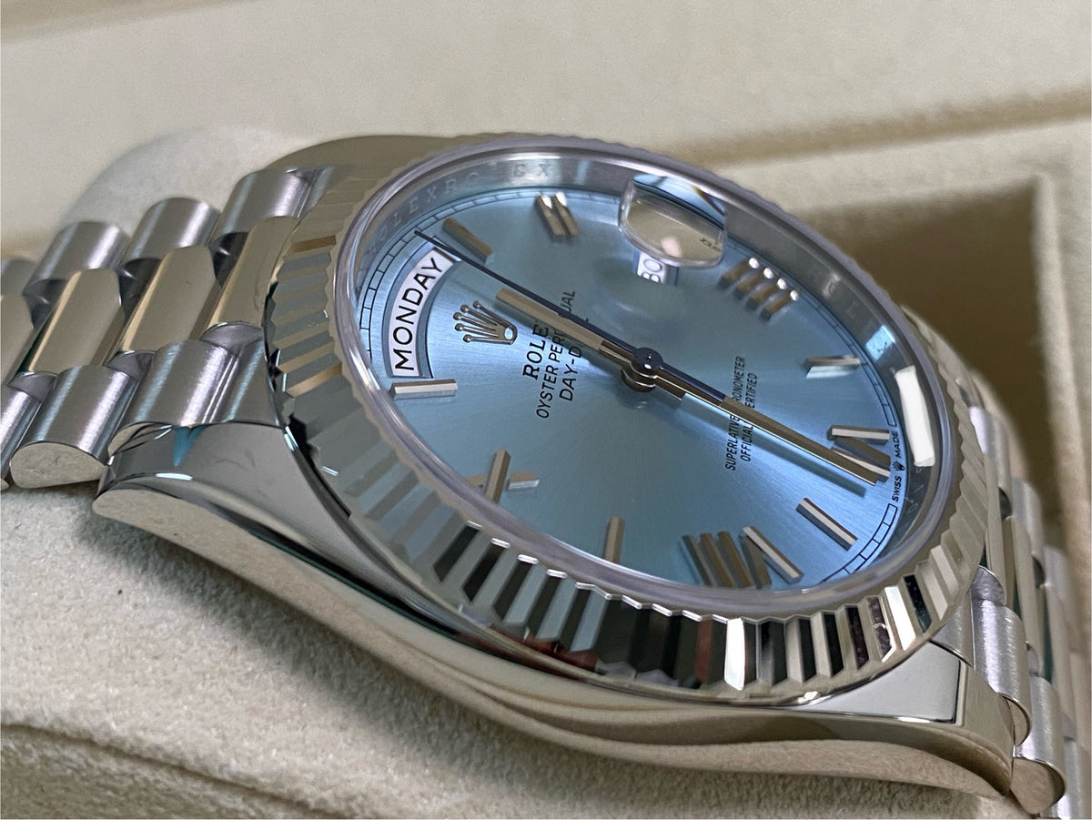 Rolex Platinum Day-Date 40 -  2024 - Fluted Bezel - Ice Blue Roman Dial - President Bracelet - 228236 *FULL SET*