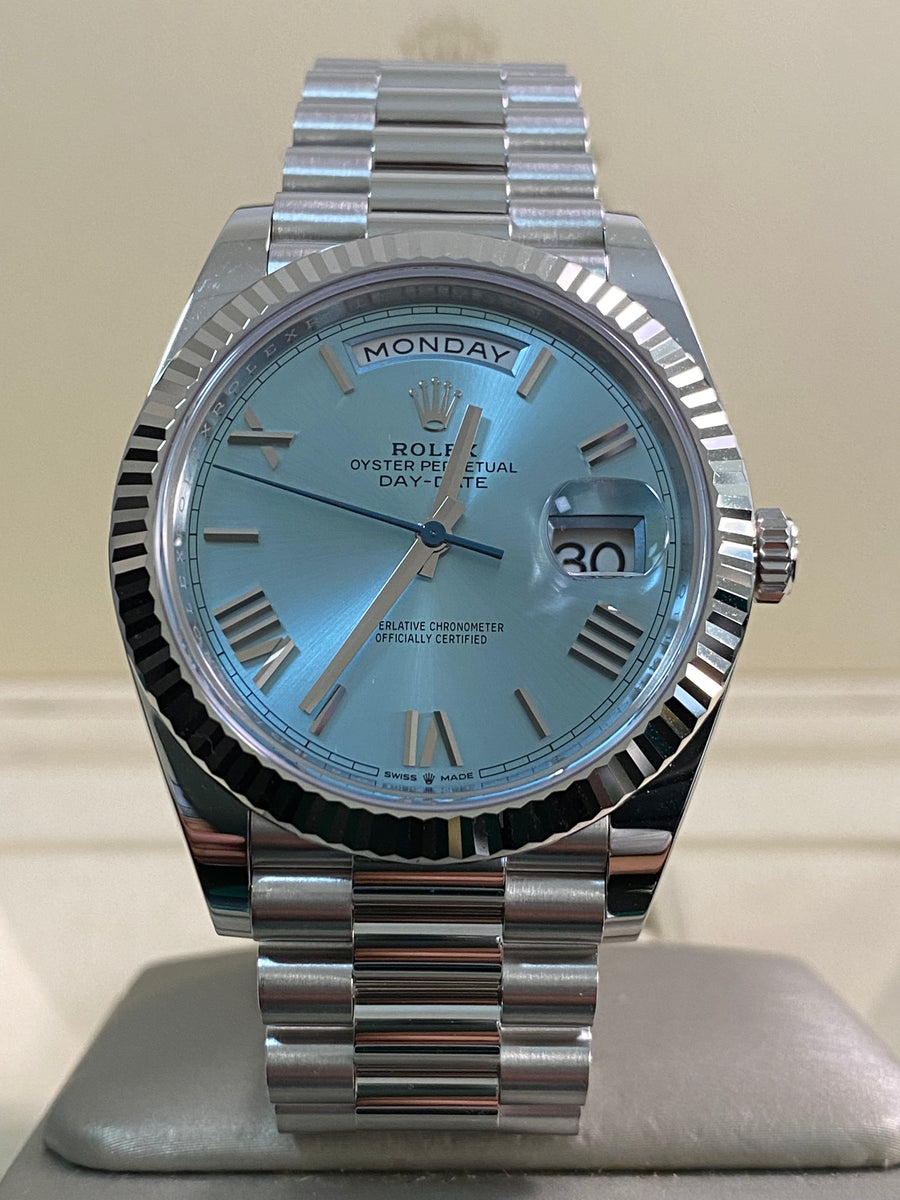 Rolex Platinum Day-Date 40 -  2024 - Fluted Bezel - Ice Blue Roman Dial - President Bracelet - 228236 *FULL SET*