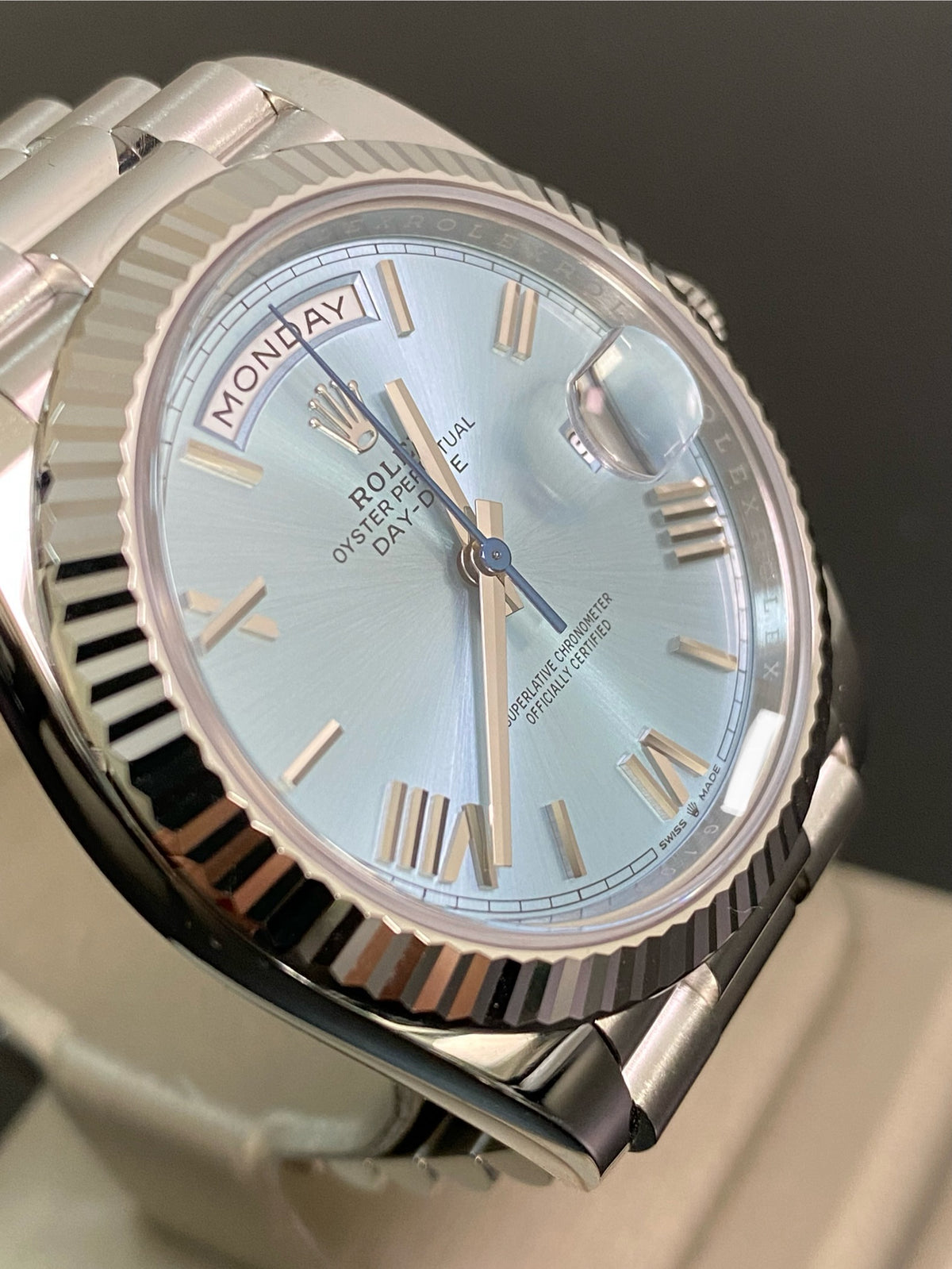 Rolex Platinum Day-Date 40 -  2024 - Fluted Bezel - Ice Blue Roman Dial - President Bracelet - 228236 *FULL SET*