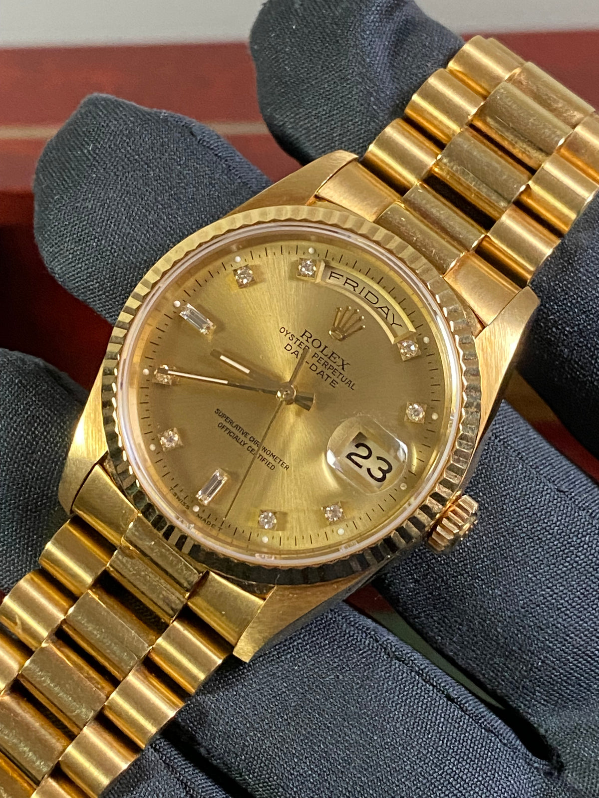 Rolex Yellow Gold Day-Date 36 - X Serial - Fluted Bezel - Factory Diamond Dial - President Bracelet - 18238