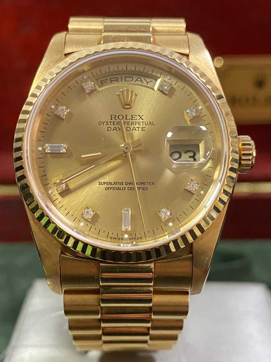 Rolex Yellow Gold Day-Date 36 - X Serial - Fluted Bezel - Factory Diamond Dial - President Bracelet - 18238