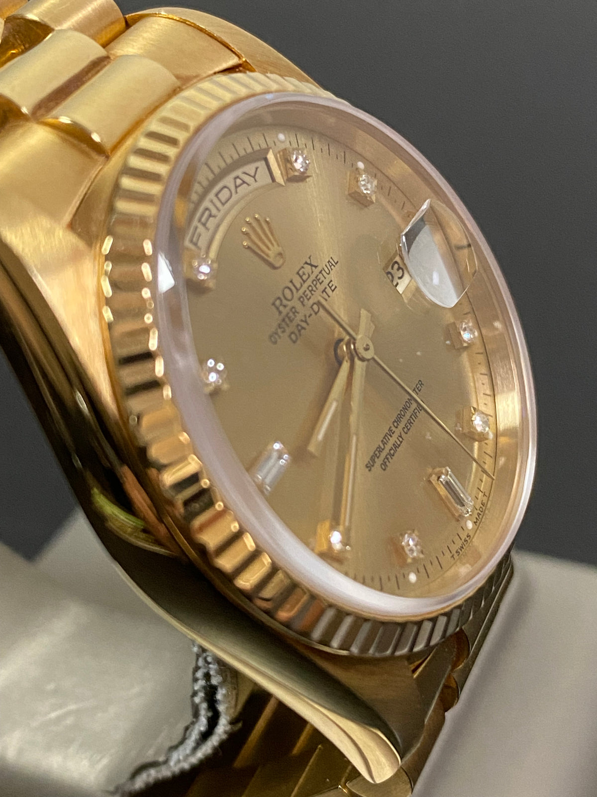 Rolex Yellow Gold Day-Date 36 - X Serial - Fluted Bezel - Factory Diamond Dial - President Bracelet - 18238