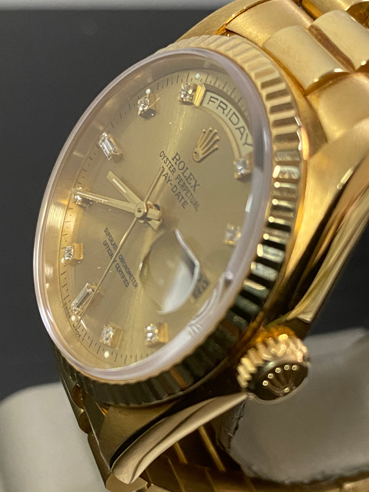 Rolex Yellow Gold Day-Date 36 - X Serial - Fluted Bezel - Factory Diamond Dial - President Bracelet - 18238