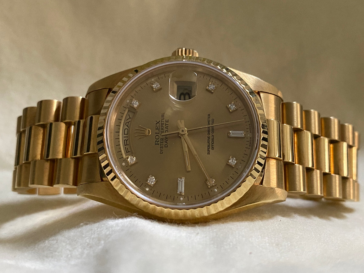 Rolex Yellow Gold Day-Date 36 - X Serial - Fluted Bezel - Factory Diamond Dial - President Bracelet - 18238