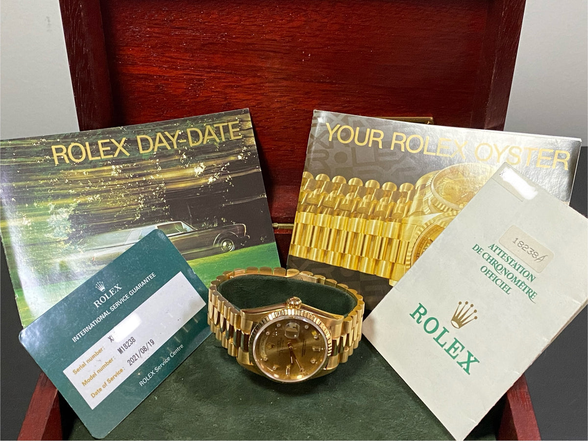 Rolex Yellow Gold Day-Date 36 - X Serial - Fluted Bezel - Factory Diamond Dial - President Bracelet - 18238