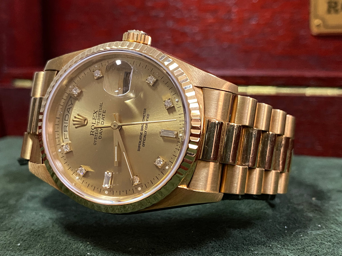 Rolex Yellow Gold Day-Date 36 - X Serial - Fluted Bezel - Factory Diamond Dial - President Bracelet - 18238