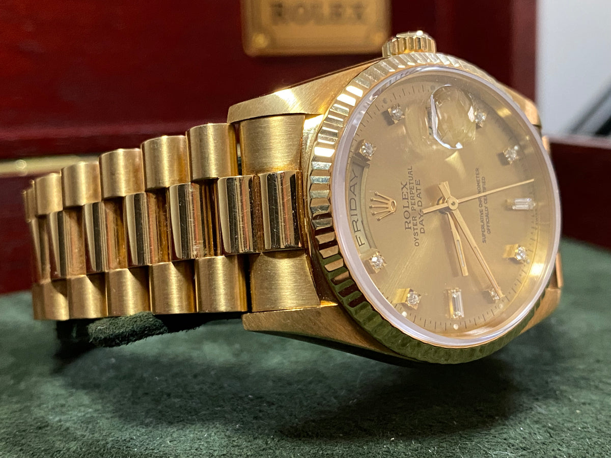 Rolex Yellow Gold Day-Date 36 - X Serial - Fluted Bezel - Factory Diamond Dial - President Bracelet - 18238