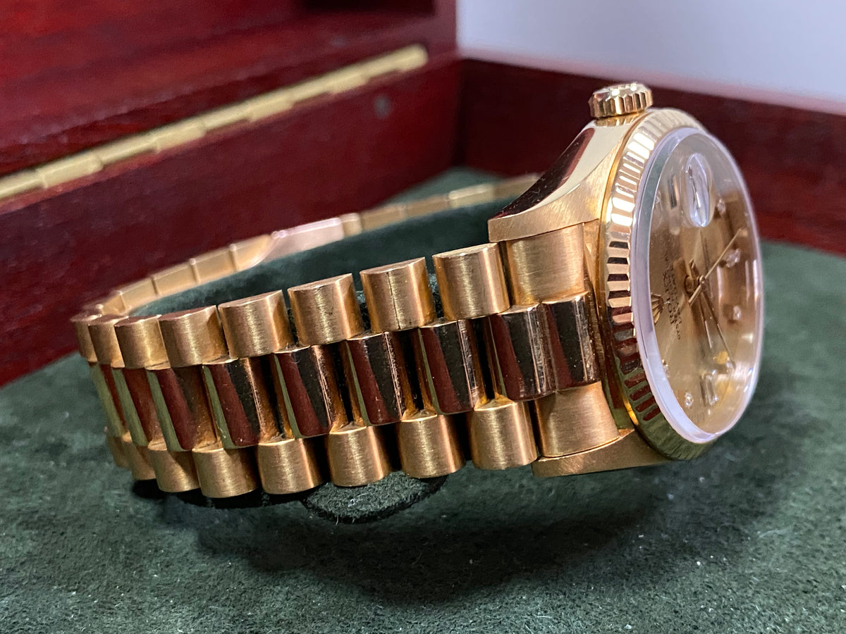 Rolex Yellow Gold Day-Date 36 - X Serial - Fluted Bezel - Factory Diamond Dial - President Bracelet - 18238