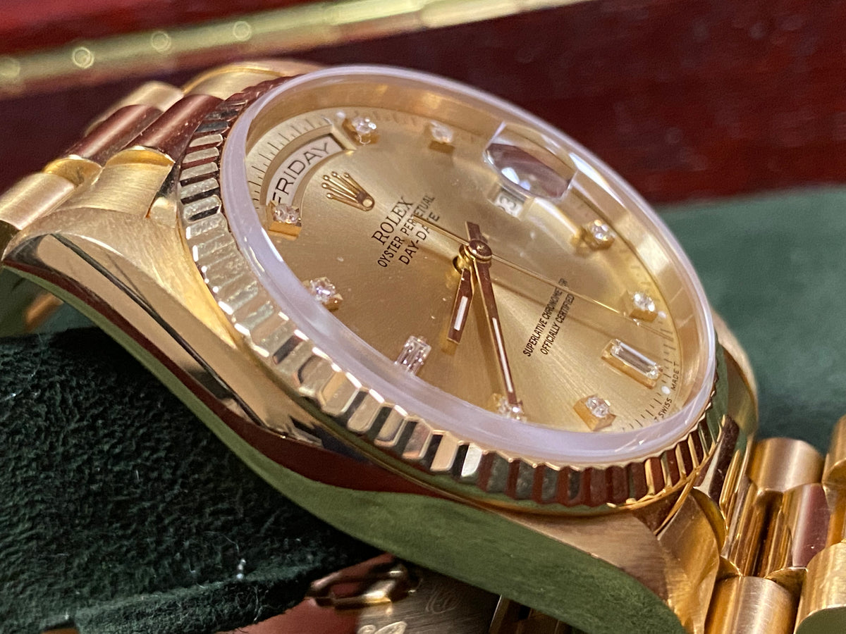 Rolex Yellow Gold Day-Date 36 - X Serial - Fluted Bezel - Factory Diamond Dial - President Bracelet - 18238