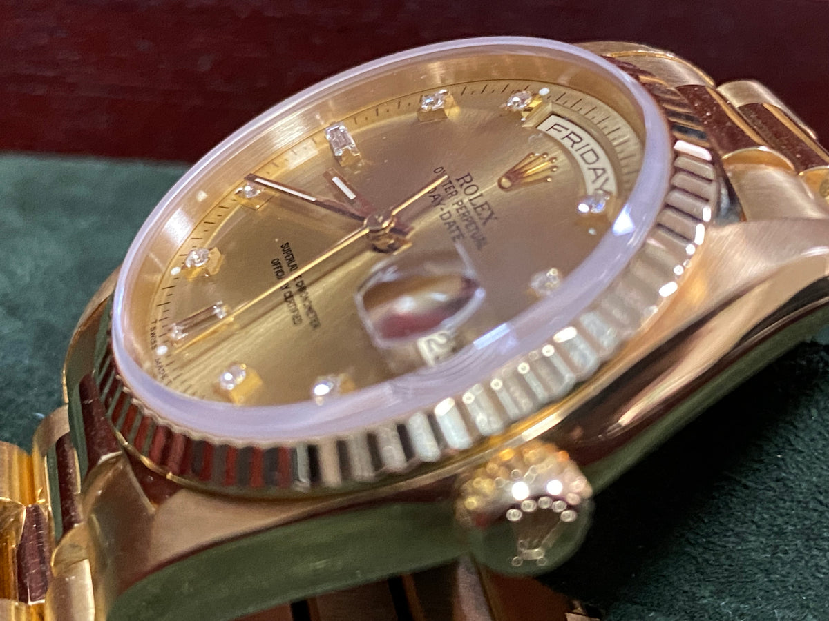 Rolex Yellow Gold Day-Date 36 - X Serial - Fluted Bezel - Factory Diamond Dial - President Bracelet - 18238