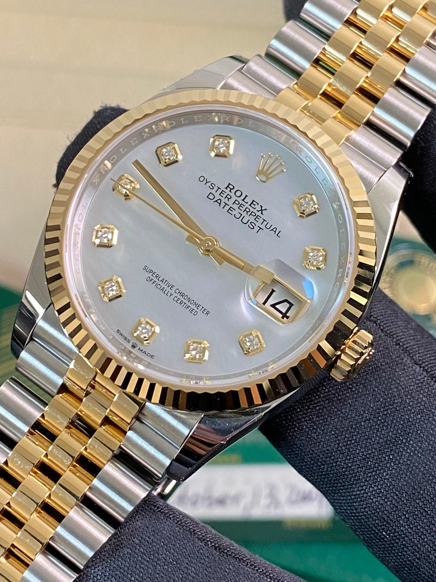 Rolex Yellow Gold Rolesor Datejust 36 - 2024 - Mother-Of-Pearl Diamond Dial - Jubilee Bracelet - 126233 *FULL SET*