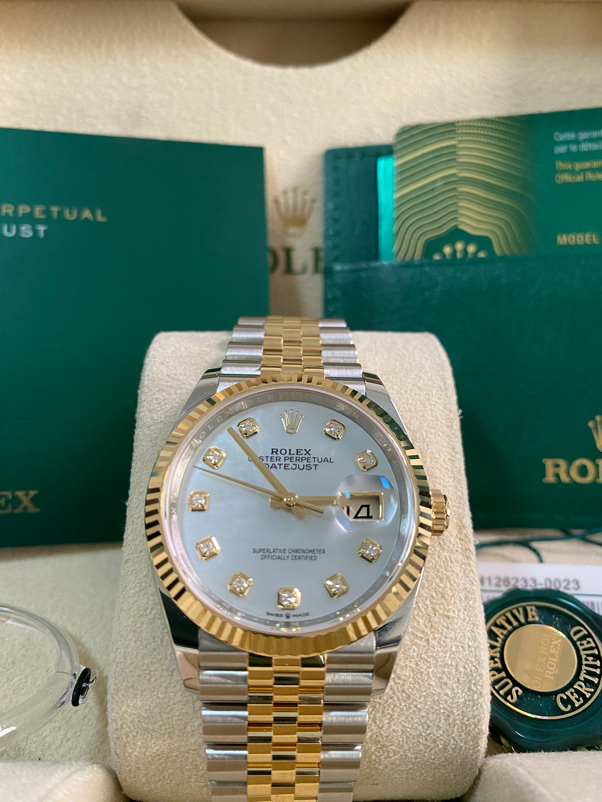 Rolex Yellow Gold Rolesor Datejust 36 - 2024 - Mother-Of-Pearl Diamond Dial - Jubilee Bracelet - 126233 *FULL SET*