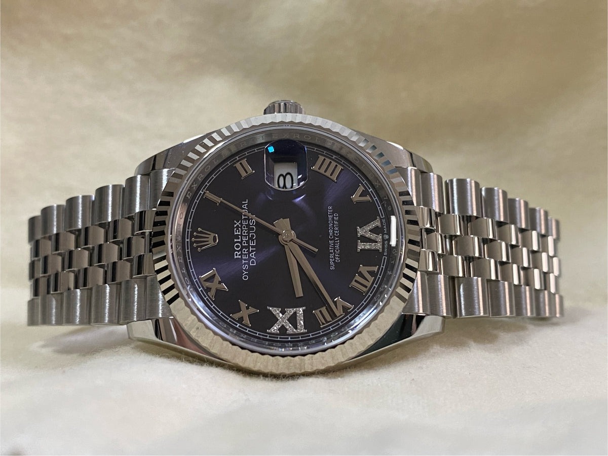 Rolex Steel Datejust 36 - Fluted Bezel - Aubergine Diamond Roman VI and IX Dial - Jubilee Bracelet - 126234