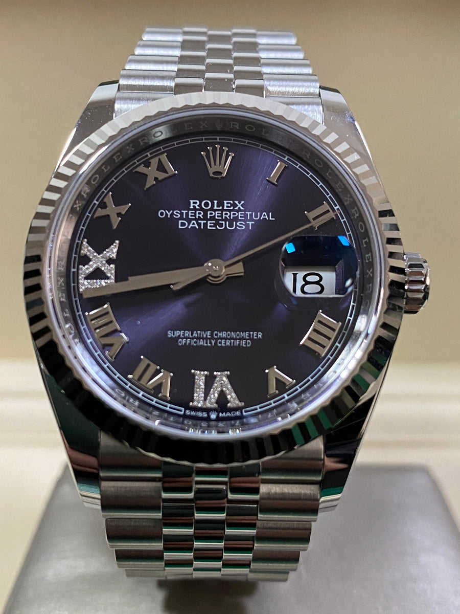 Rolex Steel Datejust 36 - Fluted Bezel - Aubergine Diamond Roman VI and IX Dial - Jubilee Bracelet - 126234